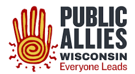 Public Allies Wisconsin logo. Tagline: Everyone Leads. It features a open hand with outlined fingers leading to a spiral palm.